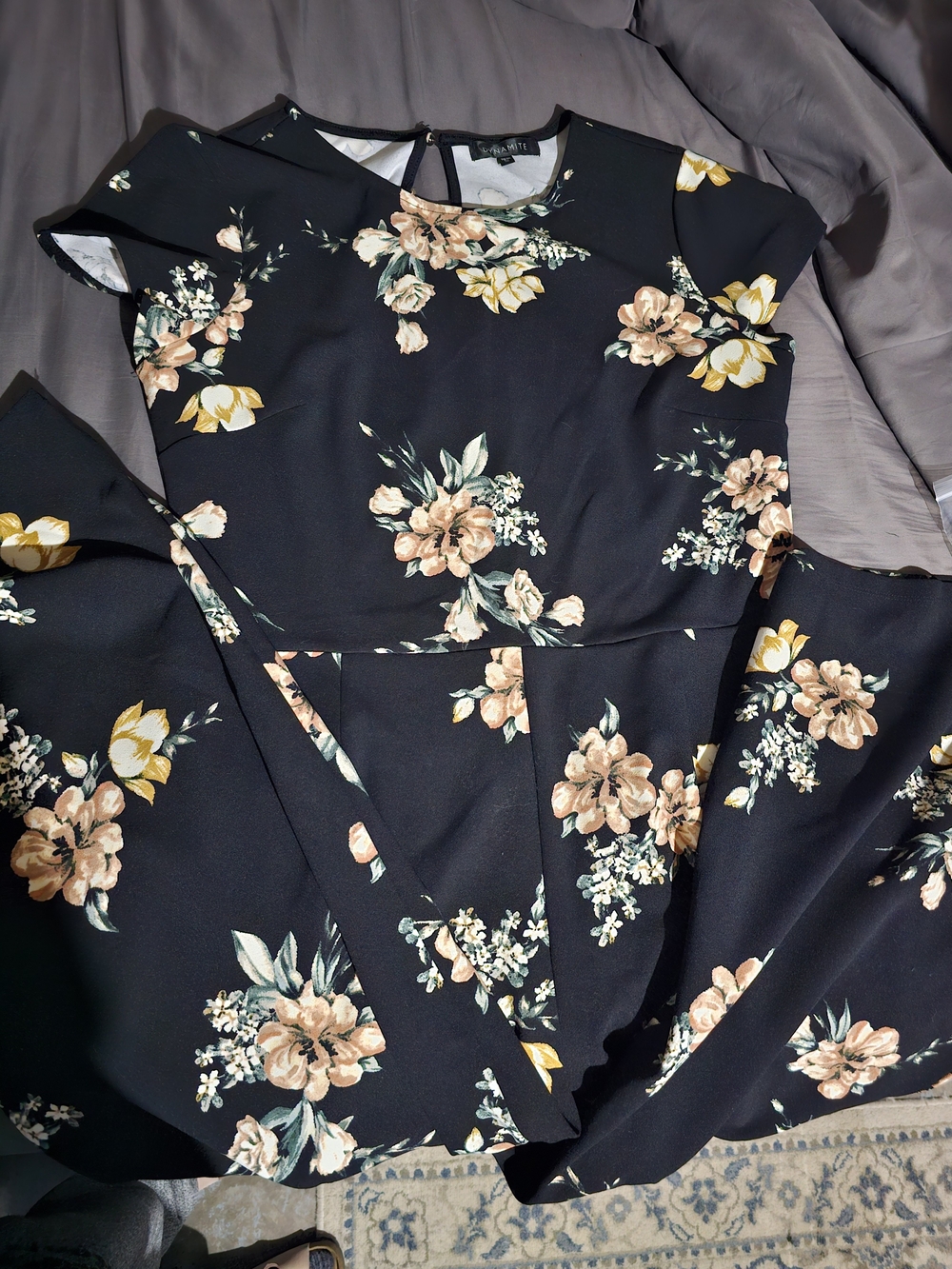 Floral Jumpsuit in Black with Peach Blooms